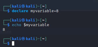 declare myvariab1e=8 echo $myvariable (kali@ 