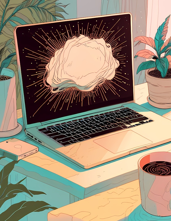 Illustrated scene of a cozy desk workspace featuring an open laptop centered on a wooden desk. The laptop screen displays a stylized abstract shape surrounded by radiating lines on a dark background. Potted plants sit on both sides of the laptop, a smartphone rests on the desk to the left, and a mug of coffee is placed in the foreground to the right. Soft pastel tones and warm lighting create a calm, indoor atmosphere.