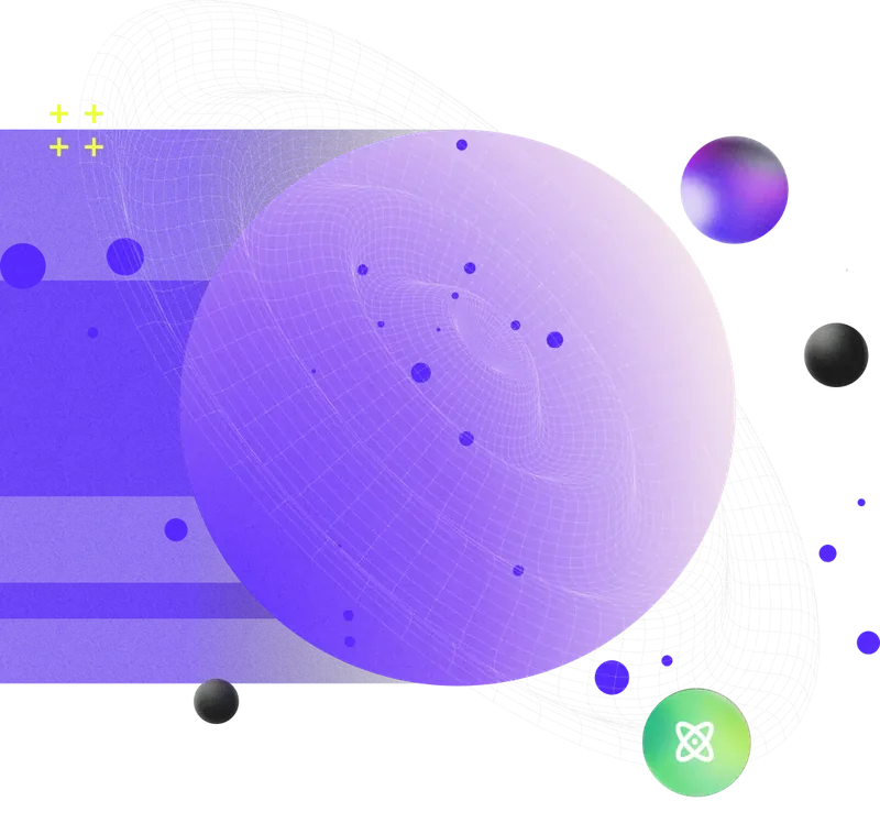 Abstract illustration of a large translucent purple sphere with grid lines and smaller spheres around it on a blue background, featuring a small green orb with a white atomic symbol.