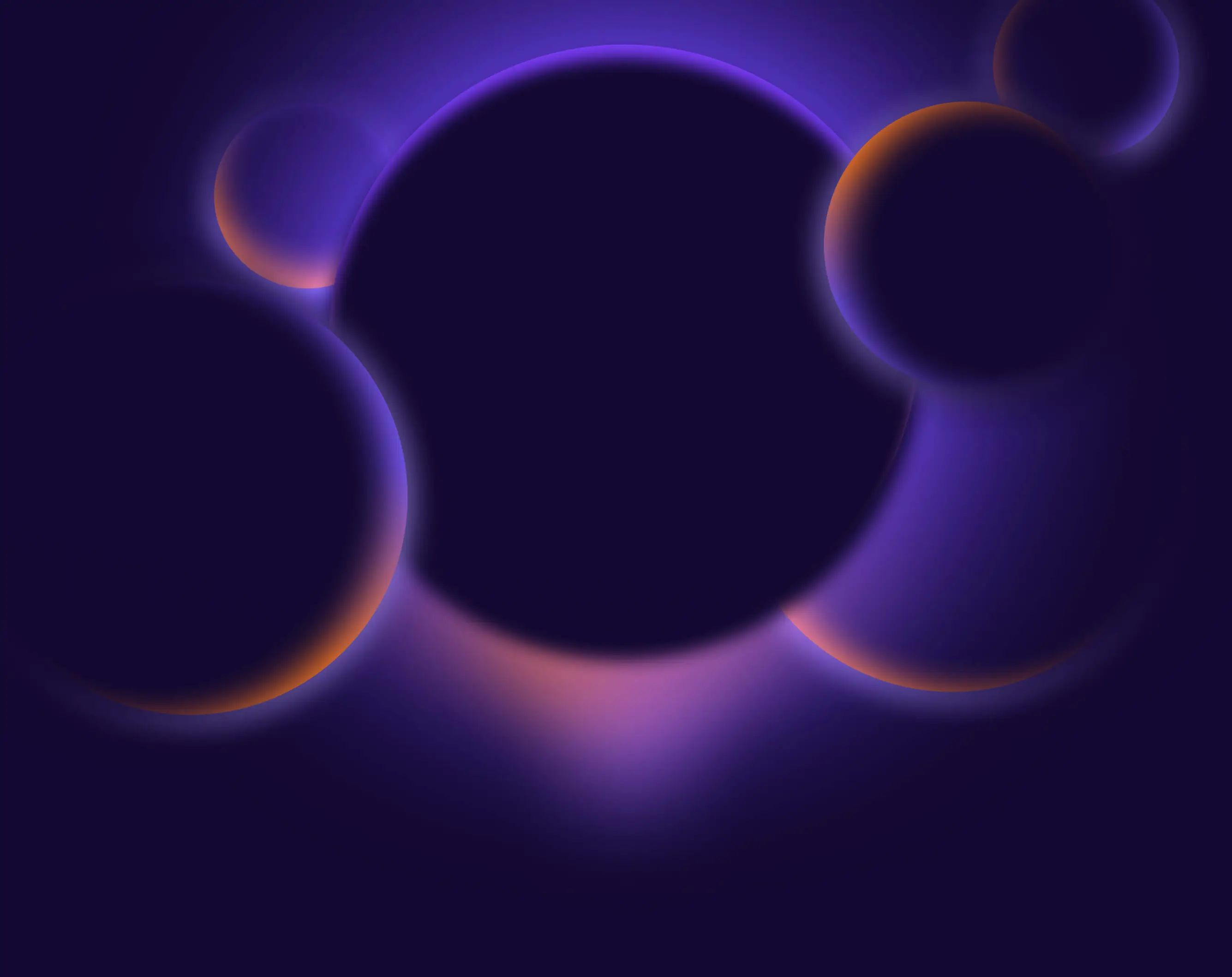 Abstract composition of large dark spheres with glowing purple and orange edges on a dark background.