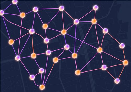 Network of interconnected glowing nodes in orange and purple on a dark map-like background.