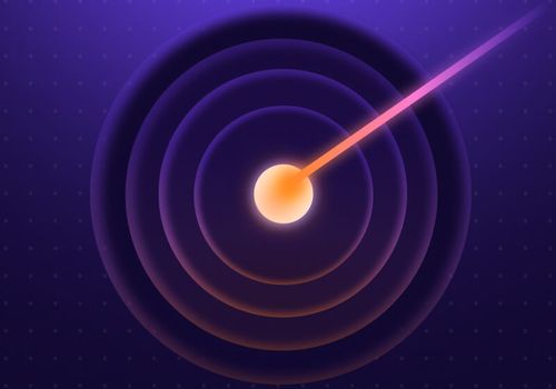 Glowing orange dot at the center of concentric circles with a diagonal pink and purple laser beam extending outward on a dark blue background.
