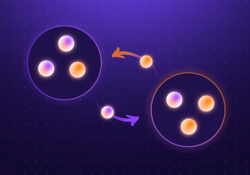 Illustration showing two circles with colorful glowing spheres inside, connected by arrows indicating exchange or transfer between them.