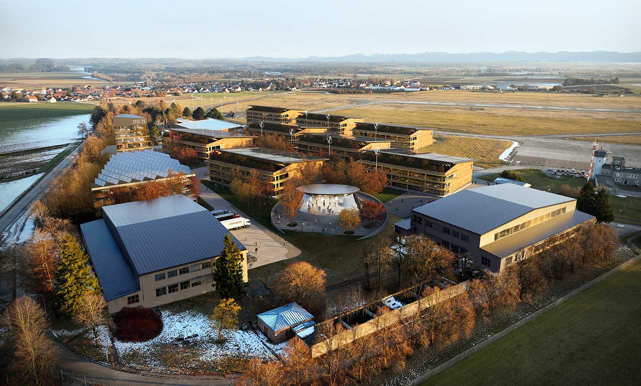 Aerial view of penzing studios and the HYPERBOWL virtual production hangar