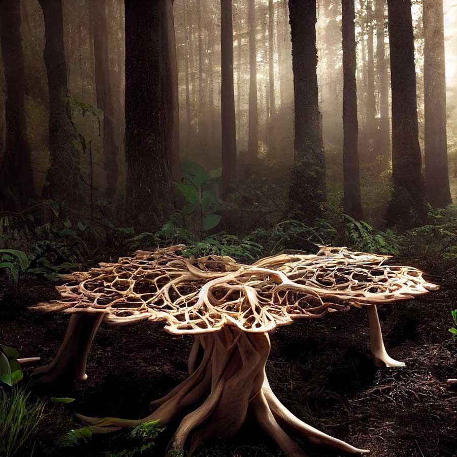 A table made of plants and roots growing inside a forest