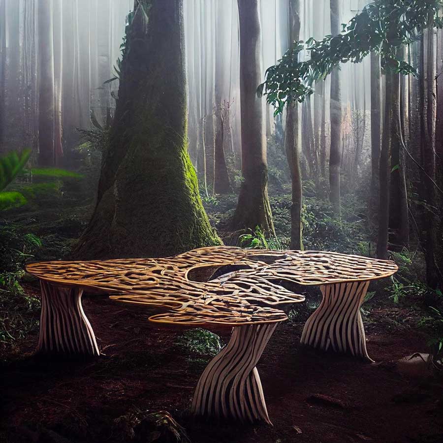 A table made of plants and roots growing inside a forest