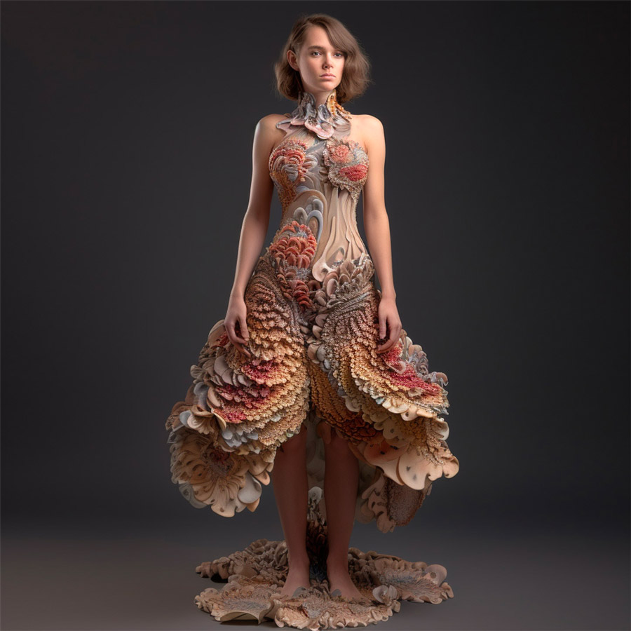 A woman with a dress made of mushrooms