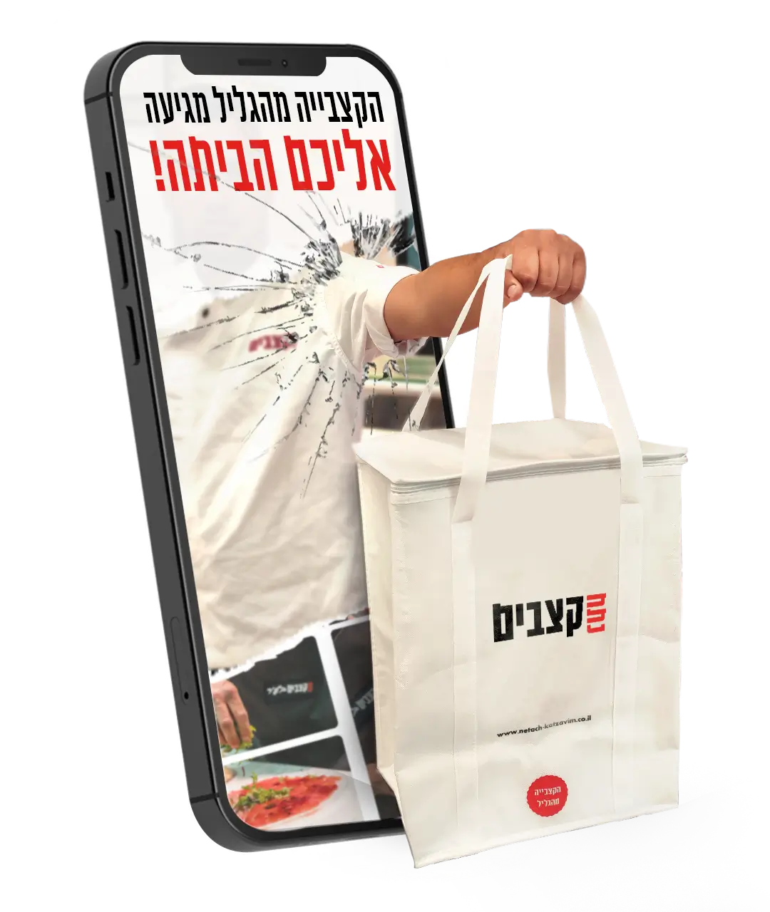 תמונה של יד אוחזת בצידנית הזמנה פורצת מסמארטפון