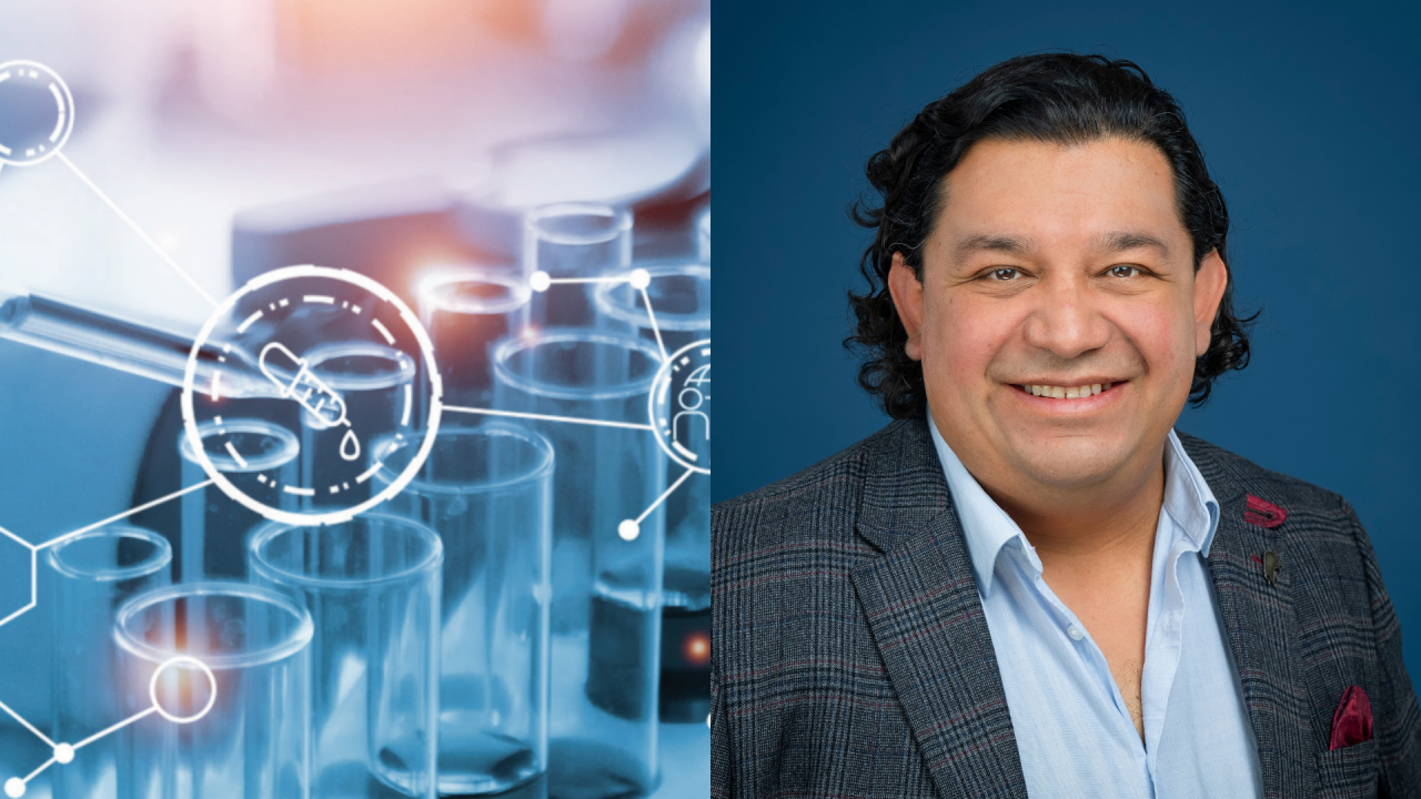 Efrain Guzman next to an illustration of laboratory glassware