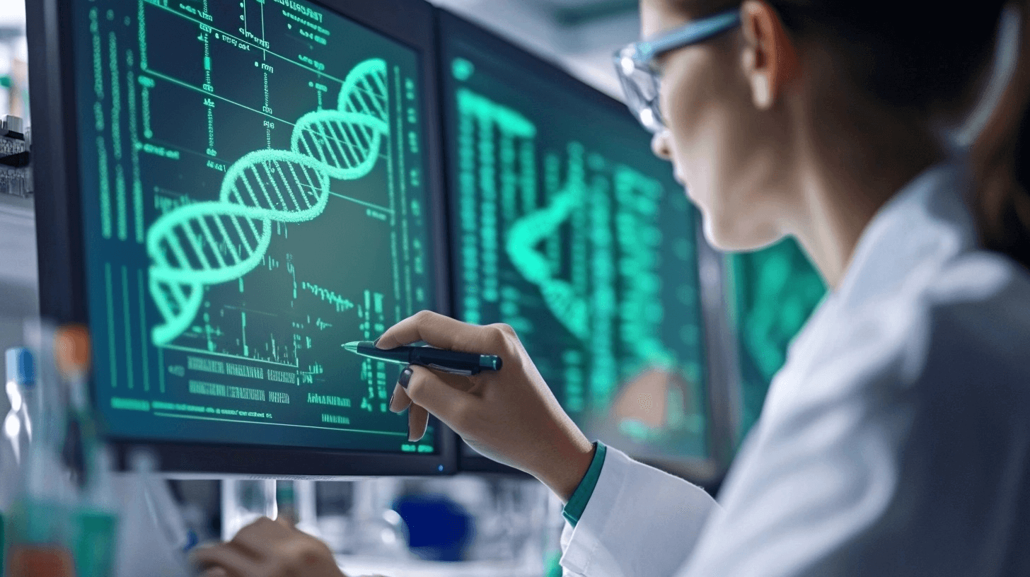 Scientist analyzing DNA sequencing data on a screen