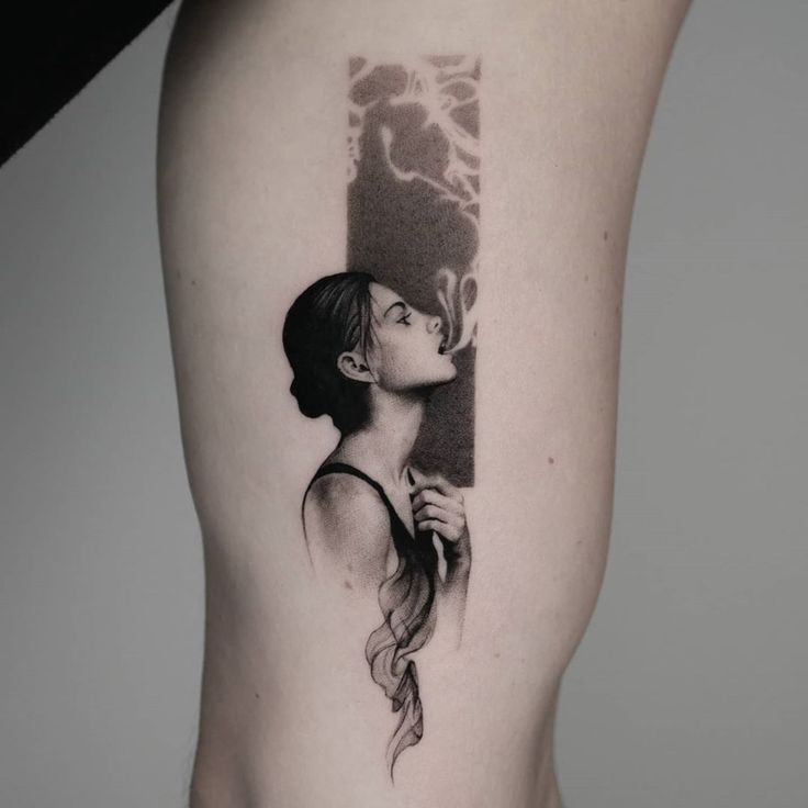 Beautiful Micro-Realist Woman Smoking Portrait Tattoo