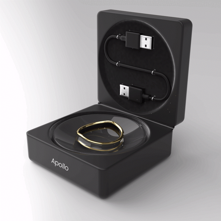 Apollo Smart ring in box with charger. Click to learn more!