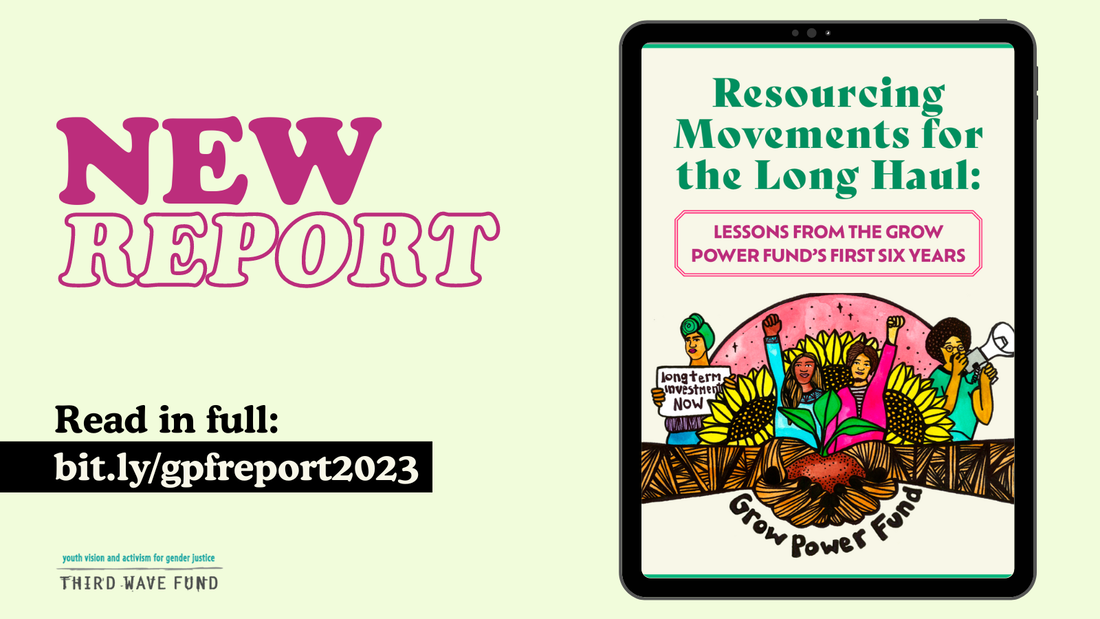 A rectangle graphic with a light green backdrop with large magenta text to the left that reads "New Report." Underneath is text that reads "Read in Full" with a link in white text on a black text box that reads bit.ly/gpfreport2023. To the right is an image of the cover of the new report which is titled, "Resourcing Movements for the Long Haul: Lessons from the Grow Power Fund’s First Six Years". The Third Wave Fund logo is in the bottom left corner.