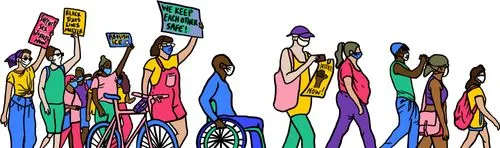 A solid color illustration of people marching. All of the people are wearing masks and holding up their fists. Some people are holding signs, one of which can be clearly seen and reads "Abolish ICE." The person at the front of the group is walking beside a pink and blue bicycle. 