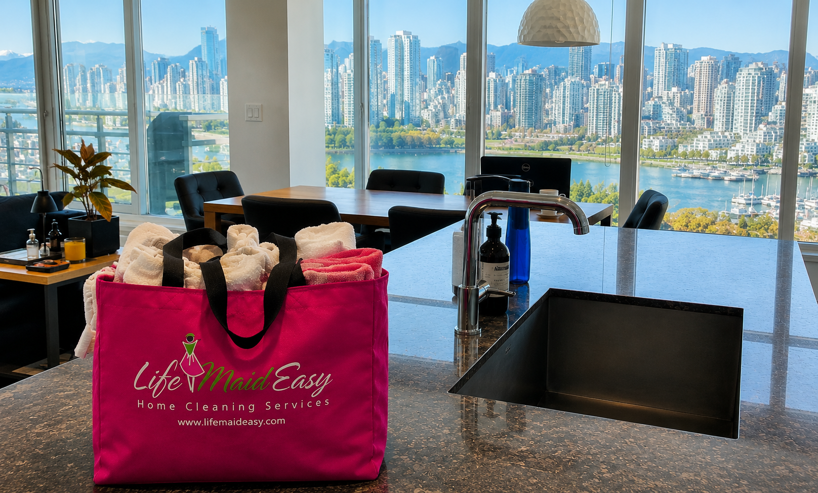Life Maid Easy cleaning supplies in a freshly cleaned Vancouver kitchen ready for summer