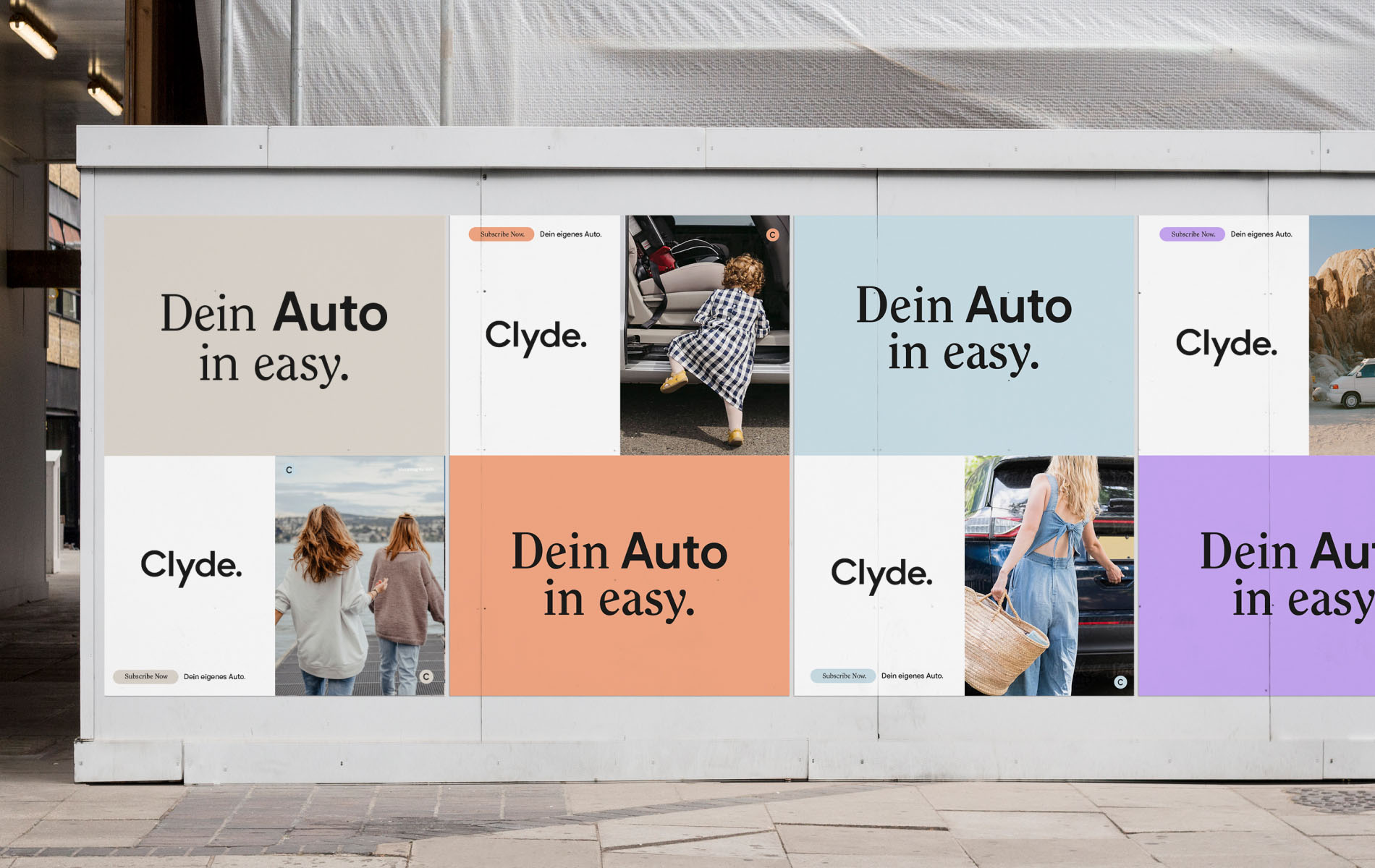 Brand Identity design for Clyde, showing Posters with corporate identity Colors and People with the text "Dein Auto in easy"