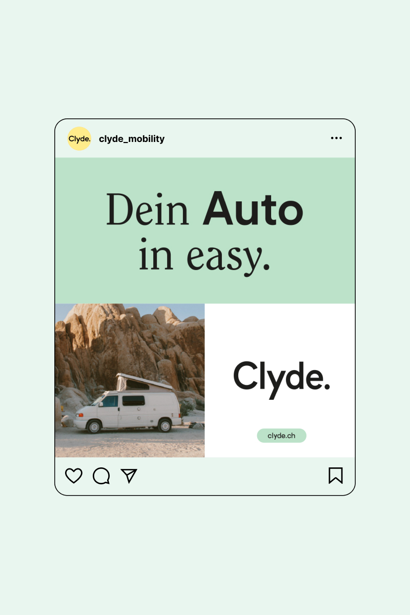 Instagram Post with a Camper Auto and Brand Identity Design for Clyde with text "Dein Auto in easy"