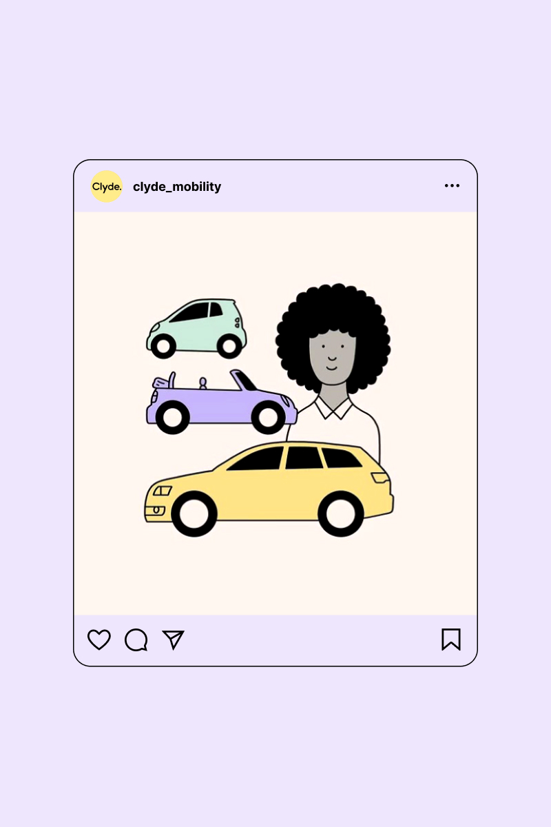 Intagram Post with Illustration, 3 different cars and a person, from brand identity