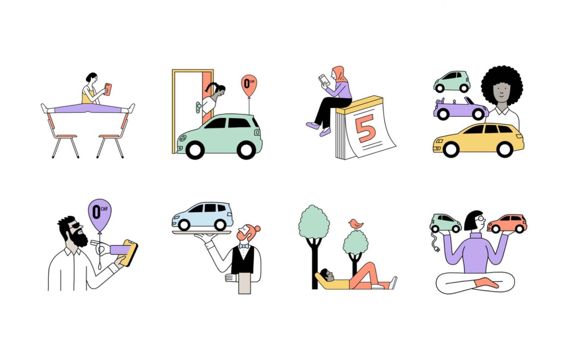 Different Illustrations of People together with cars or in nature, as part of the corporate identity