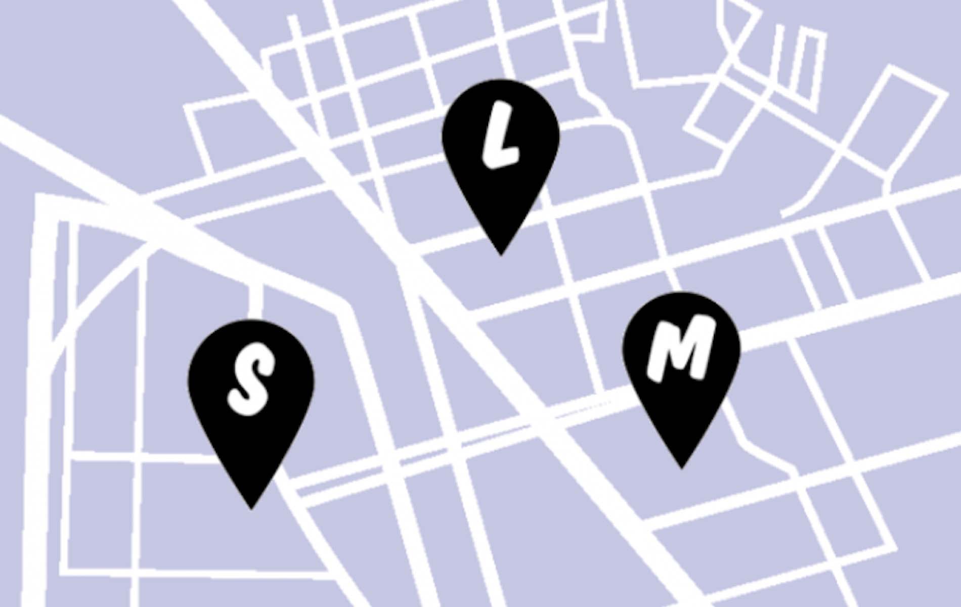 Map with Pins of the S,M and L cars and where they are located on the map, as application of the brand identity design