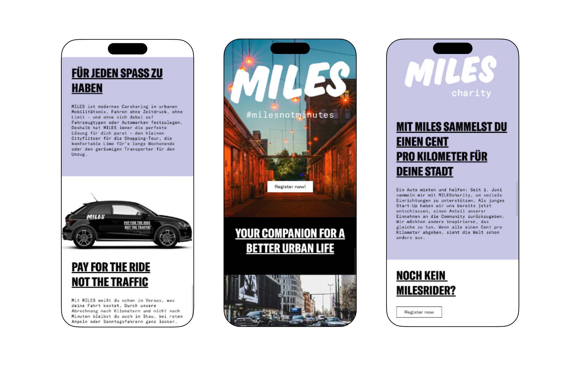 Three phone screens showing the brand identity design Miles app and what it looks like