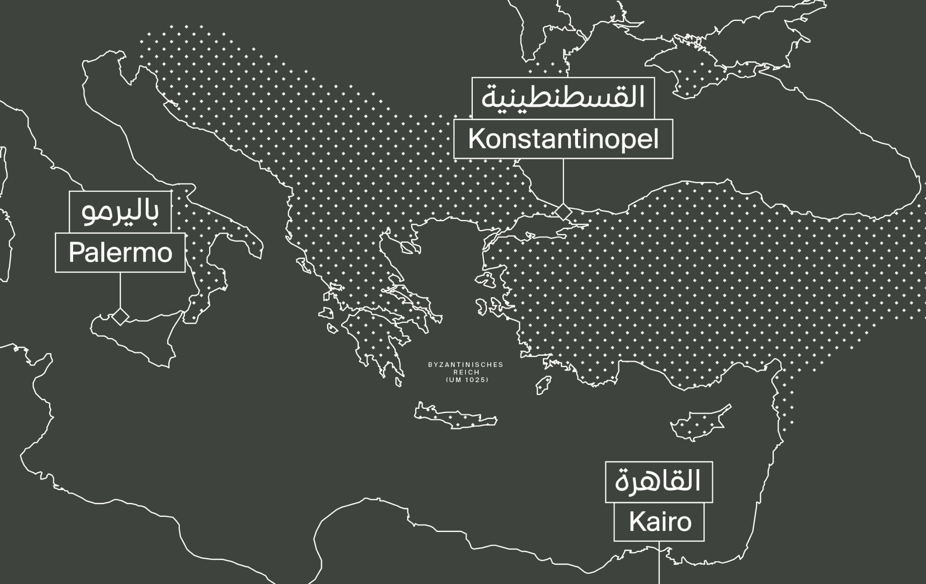 Graphic design of a Map showing the scale of the byzantine empire around the year 1025