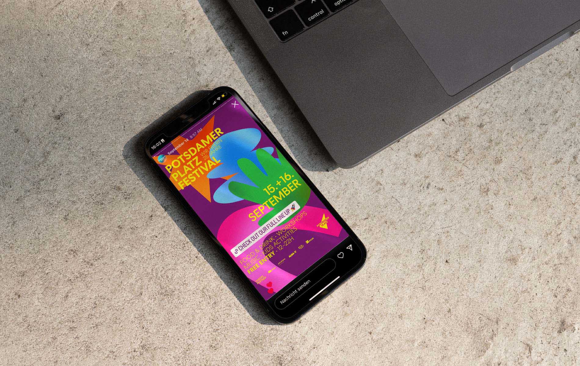 Phone next to Laptop on a table depicting a colorful Potsdamer Platz Instagram Story graphic design, showcasing the communication design of the festival