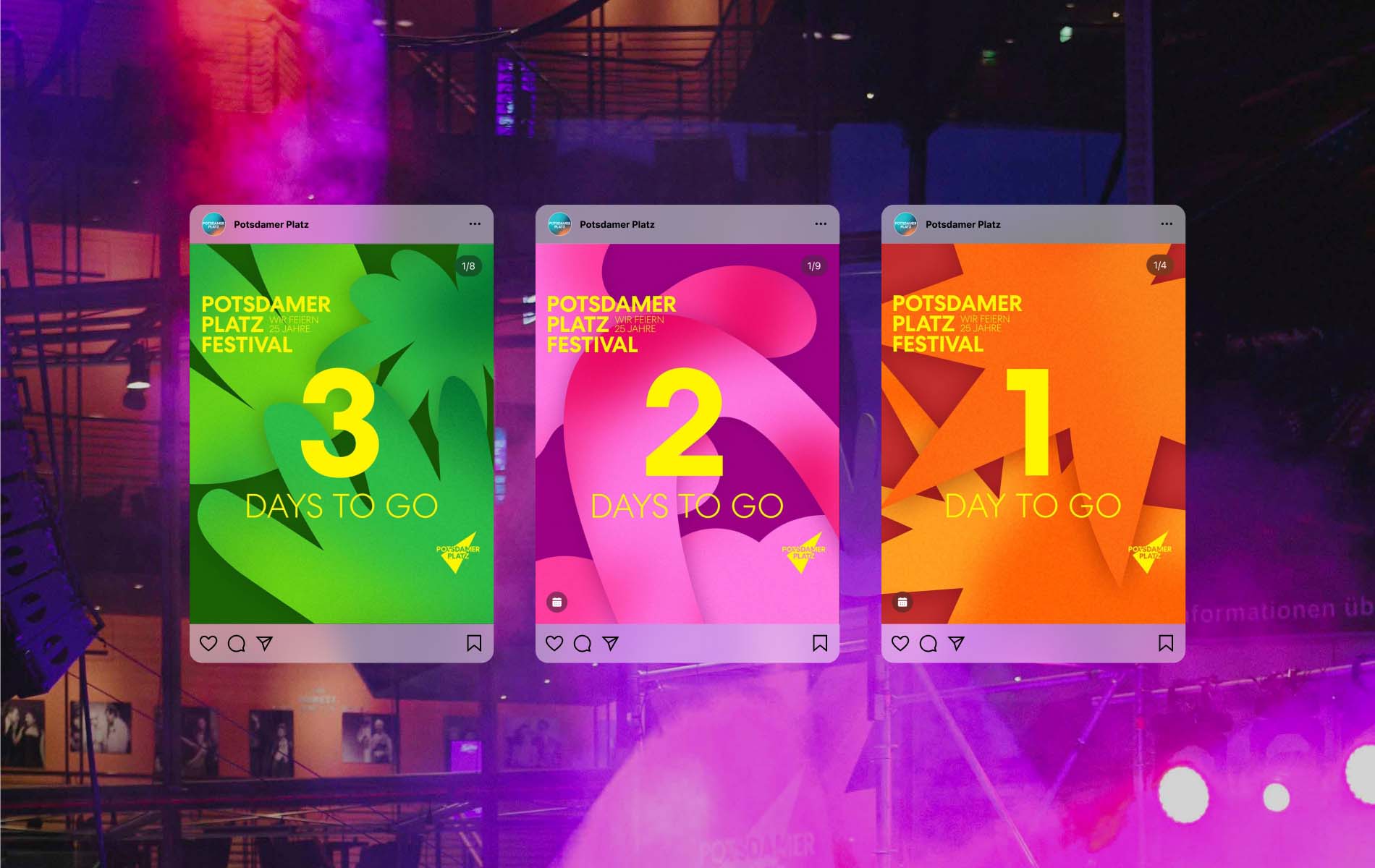 Overview of the green, pink and orange countdown post designs for the start of the Potsdamer Platz Festival, part of the communication design