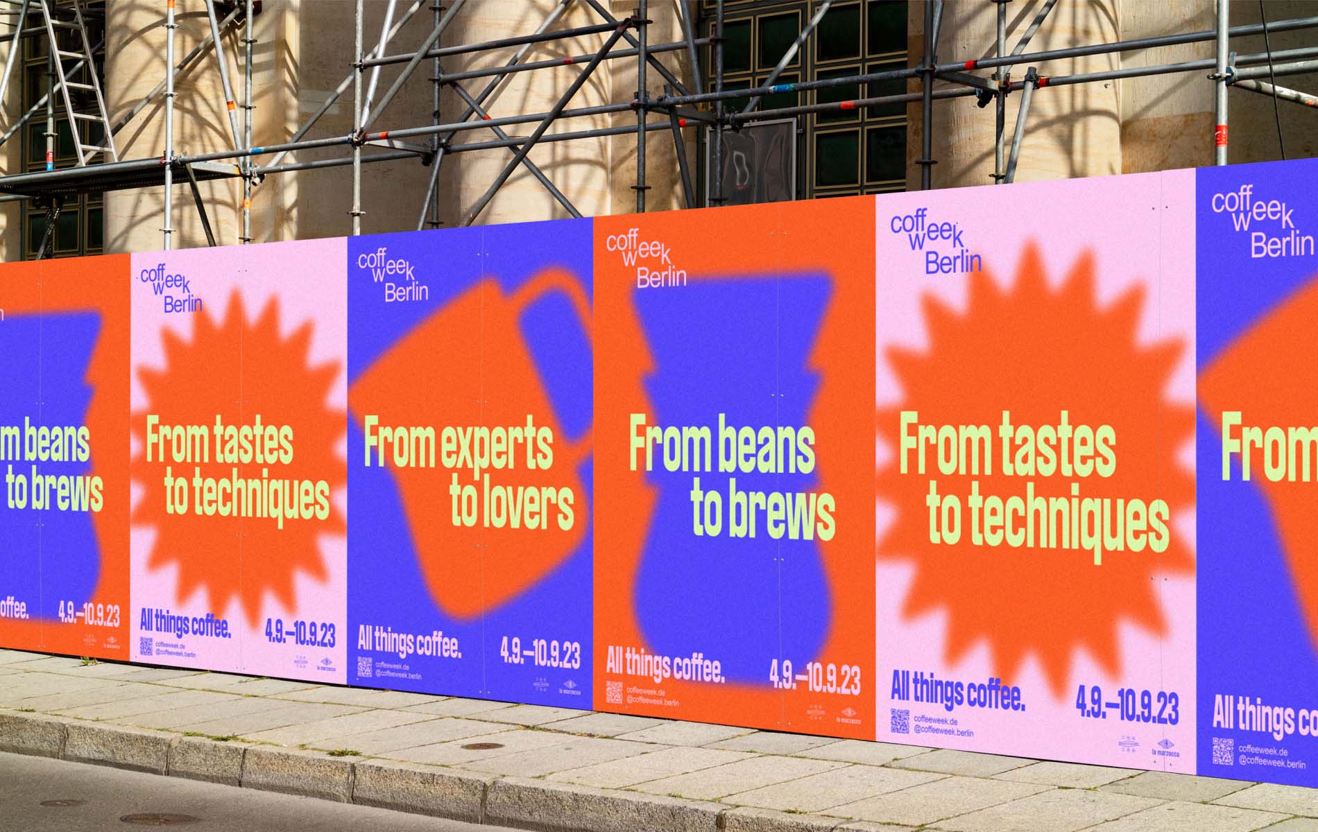 Coffee Week posters hung in a row of a construction site wall showcasing part of the communication design
