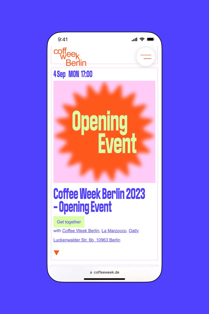 Phone mockup showing the events program on the Coffee Week Web Design