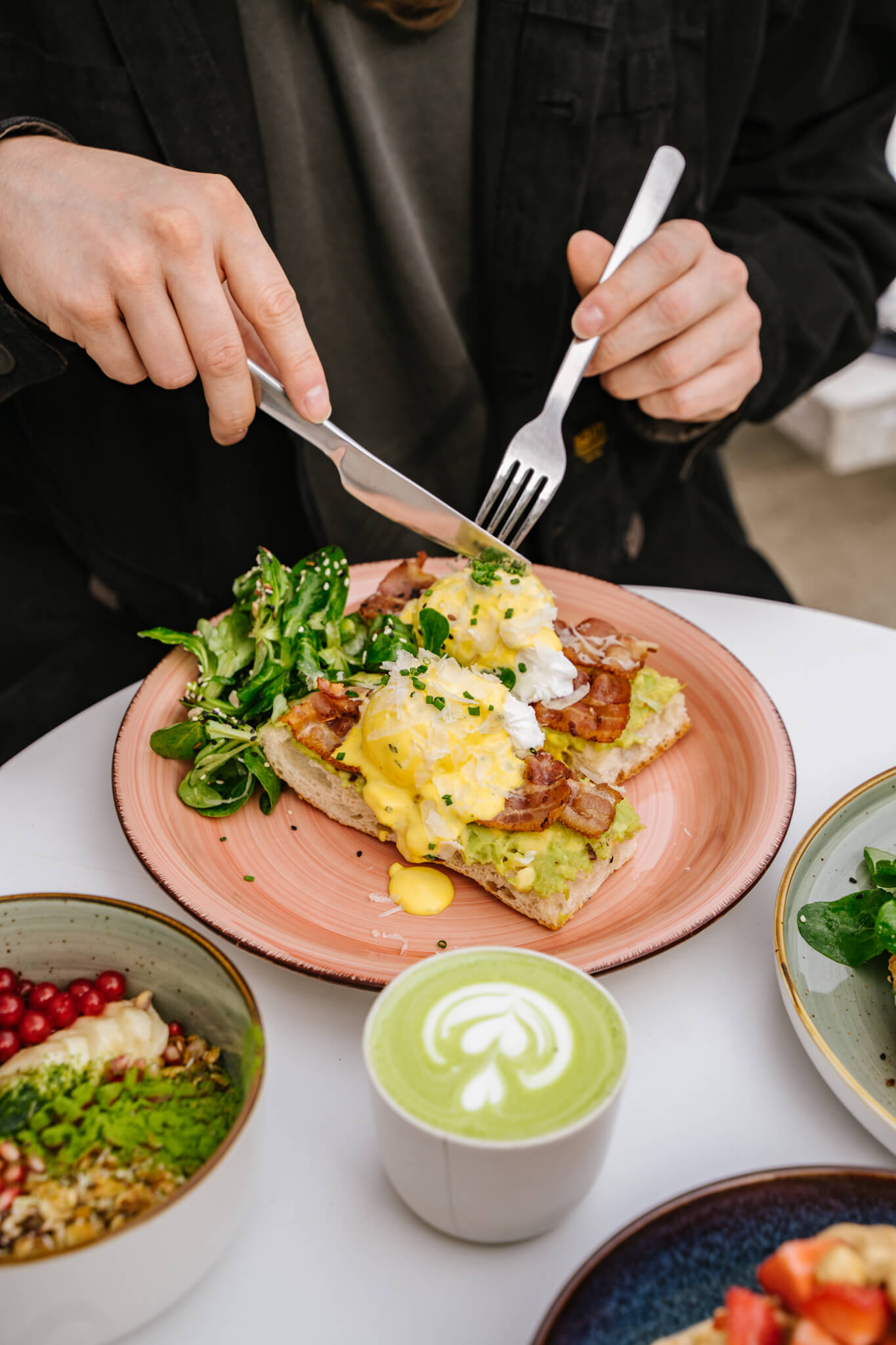 Brunch plate with matcha latte, shot by a Design and Content Agency for editorial food content.
