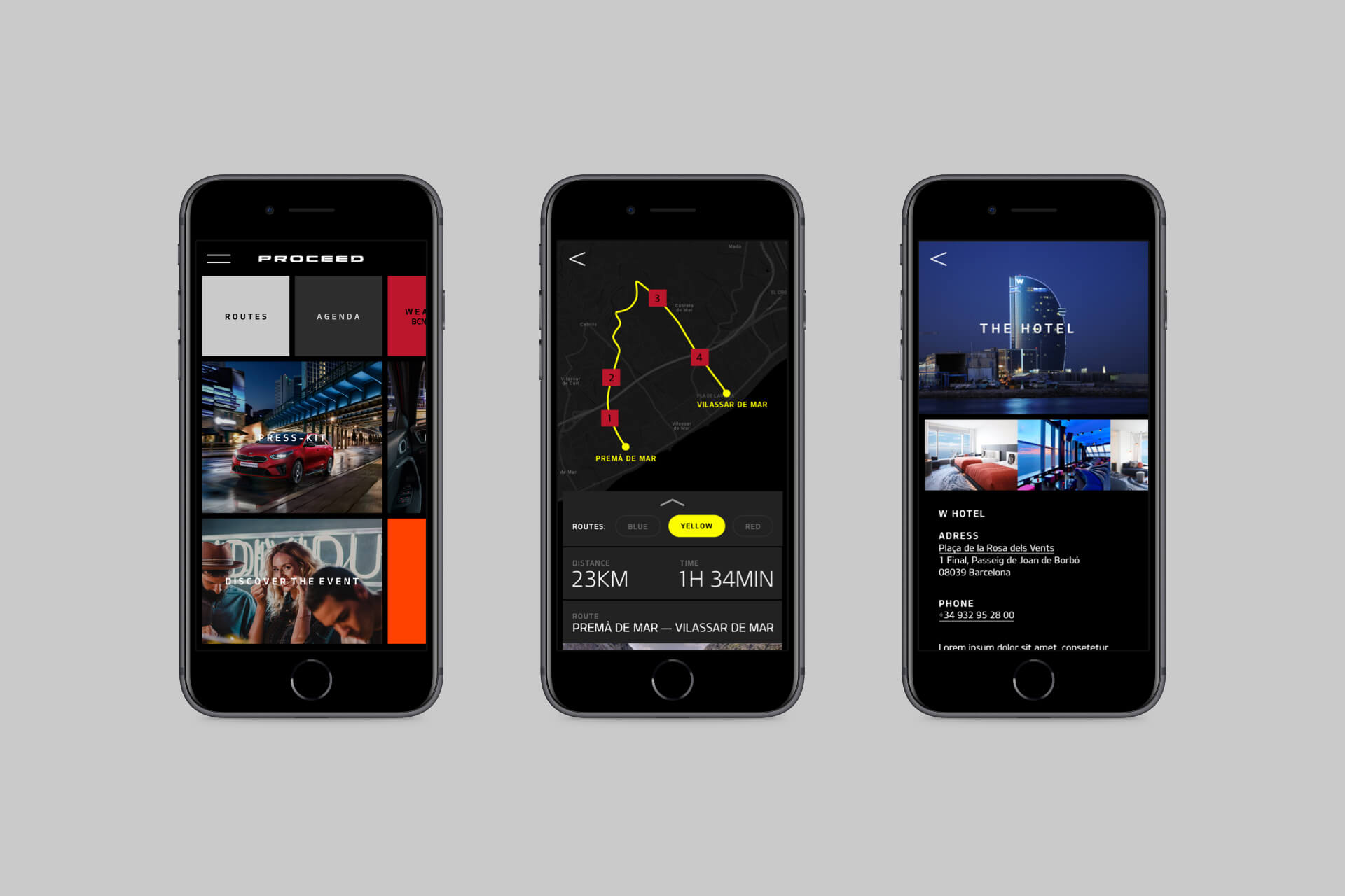 Three mobile screens showing the KIA event app designed by Cee Cee Creative, including routes, agenda, and hotel information for the Barcelona driving experience.