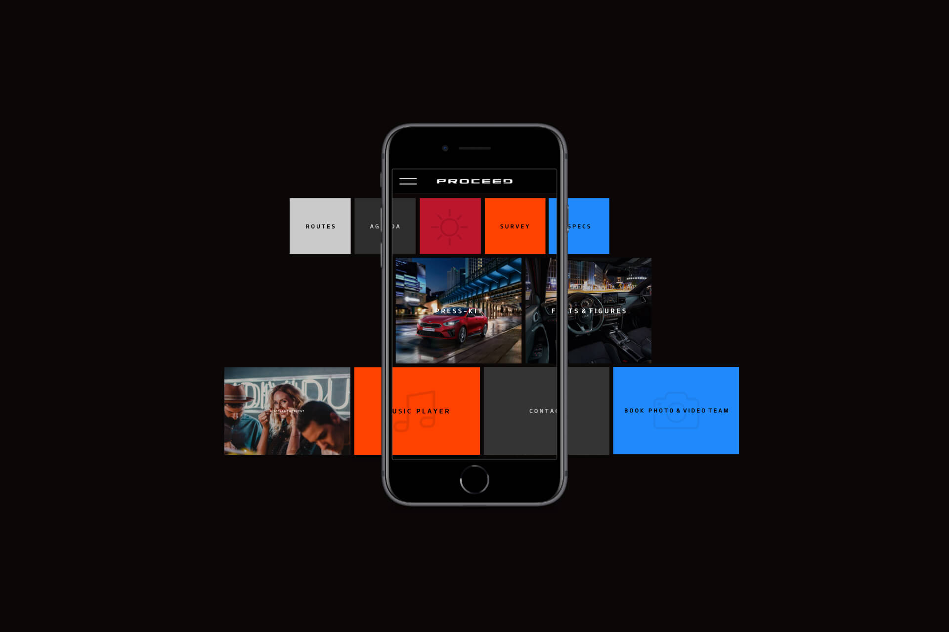 Central mobile screen surrounded by colorful modular tiles presenting routes, press kit, facts, and event features in the KIA event app designed by Cee Cee Creative.
