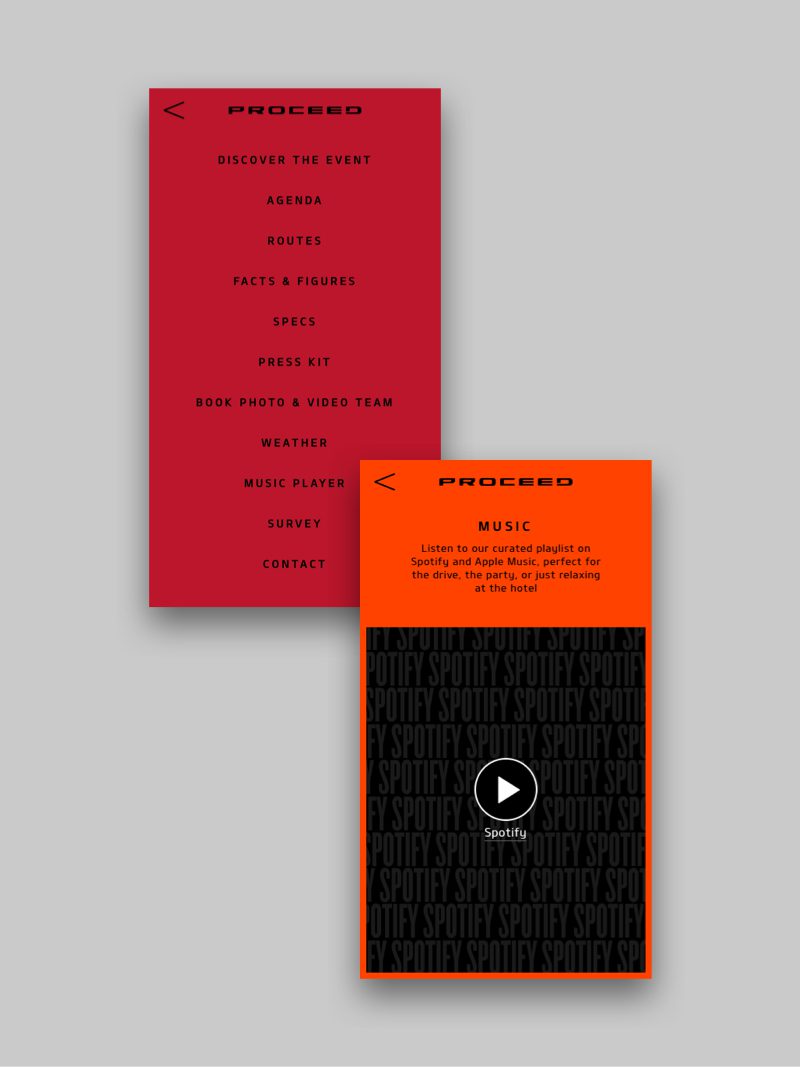 Menu screens from the KIA event app showcasing navigation items like agenda, routes, press kit, music player, and survey, designed by Cee Cee Creative for the Barcelona driving event.