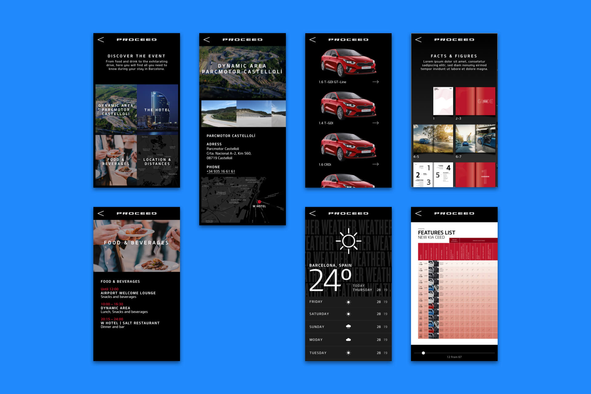 Collection of app screens showing event details, car models, facts and figures, food & beverages, and weather information inside the KIA event app created by Cee Cee Creative.