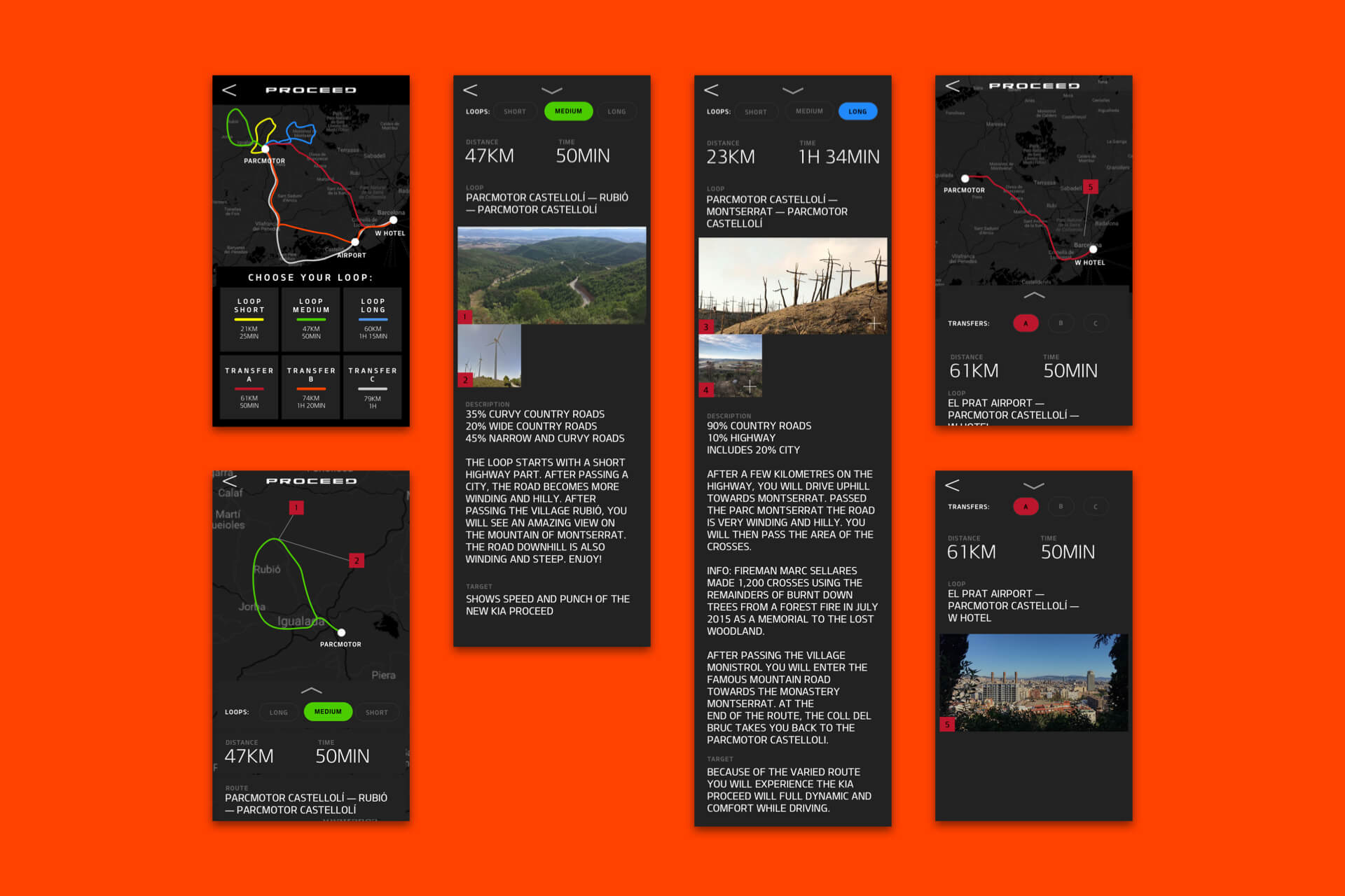 Set of mobile screens displaying driving routes, loops, distances, and scenic descriptions within the KIA Barcelona event app designed by Cee Cee Creative.