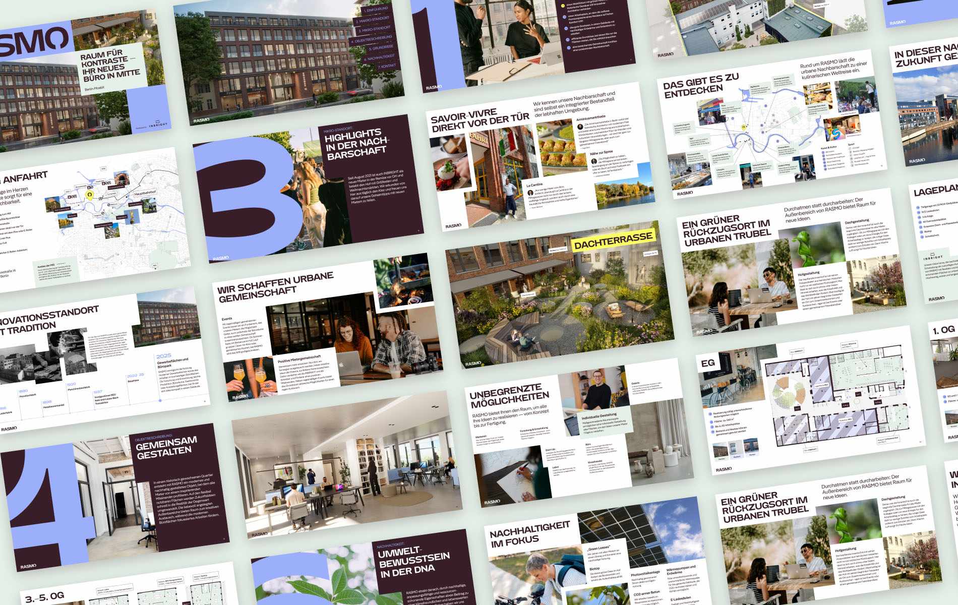 Overview of all the pages of the RASMO architectural exposé in their brand identity design.