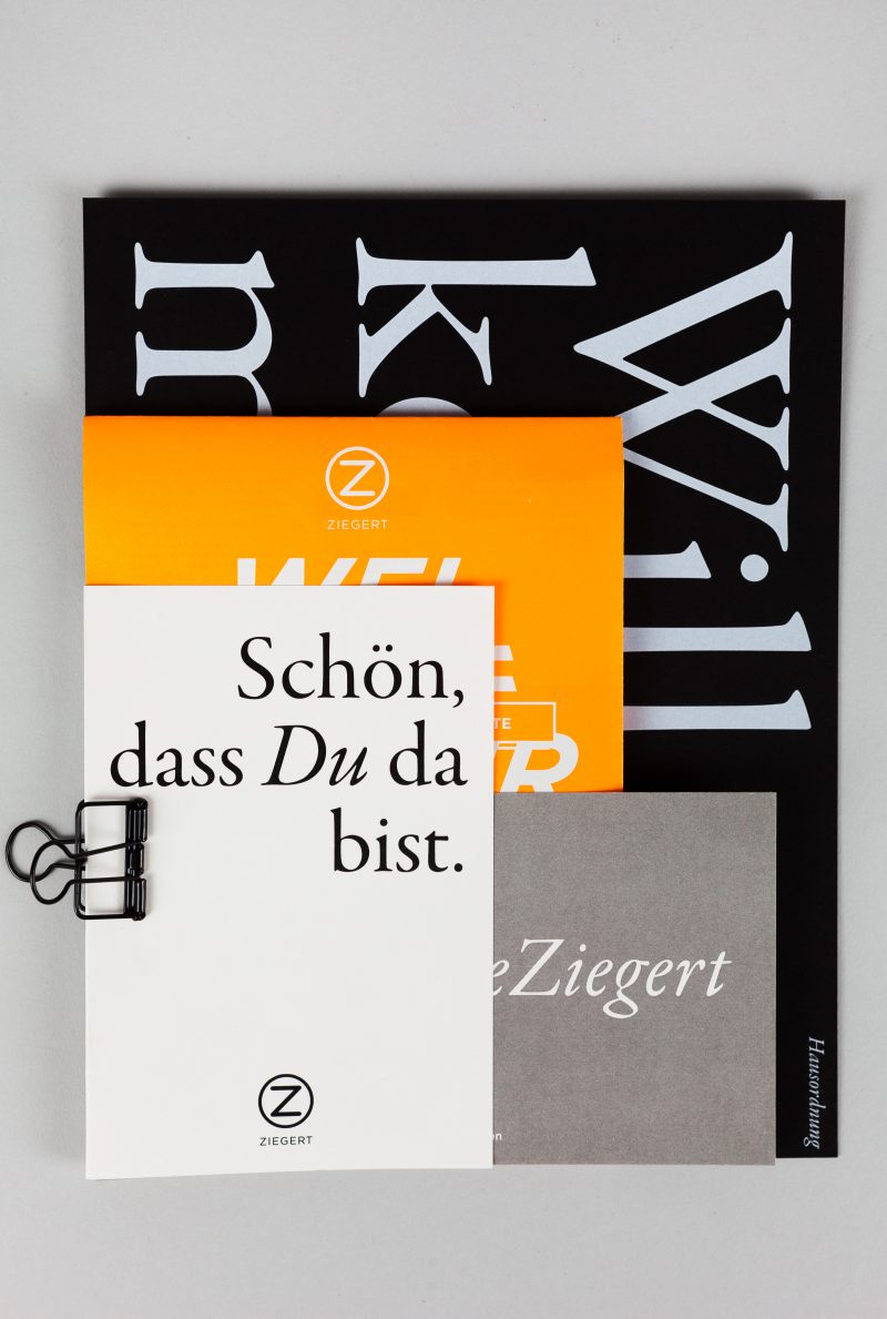 An Overview of the different graphic designs for the Ziegert Welcome Pack, assembled together