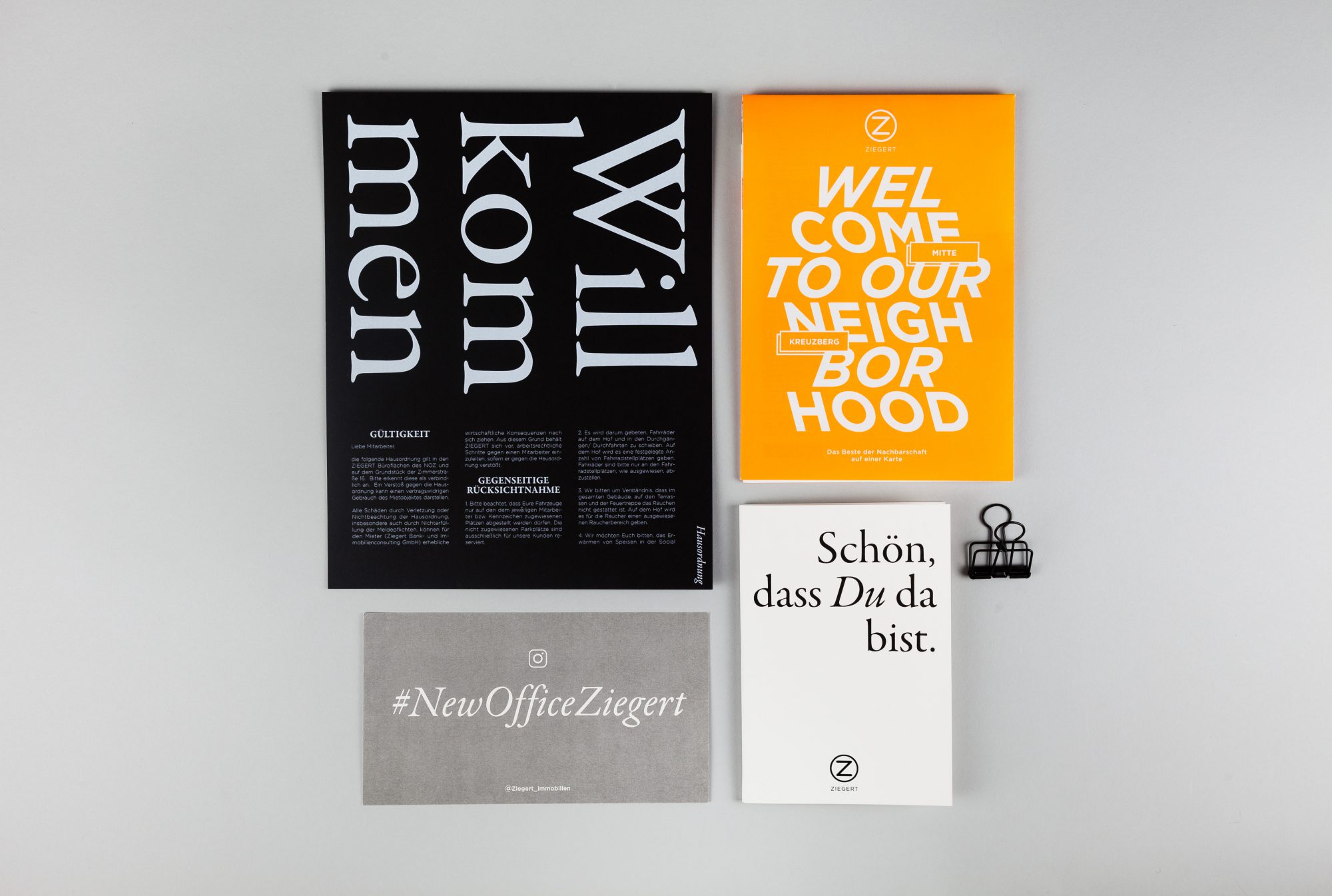 An Overview of the different graphic designs for the Ziegert Welcome Pack, laying next to each other.