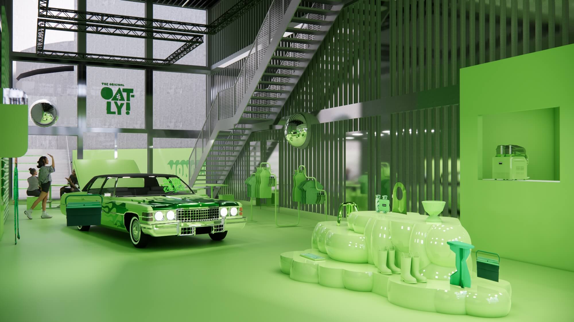 Oatly Monochrome Pop-up Store Berlin – grüner Showroom mit Vintage-Cadillac und Merchandise-Display
