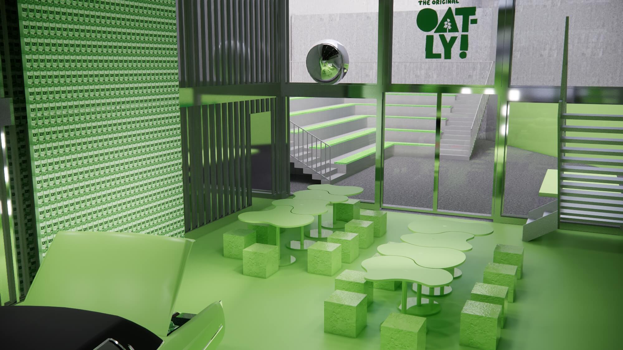 Oatly Pop-up Retail Design – Sitzbereich mit Verpackungsmuster-Wand, Berlin Store Konzept