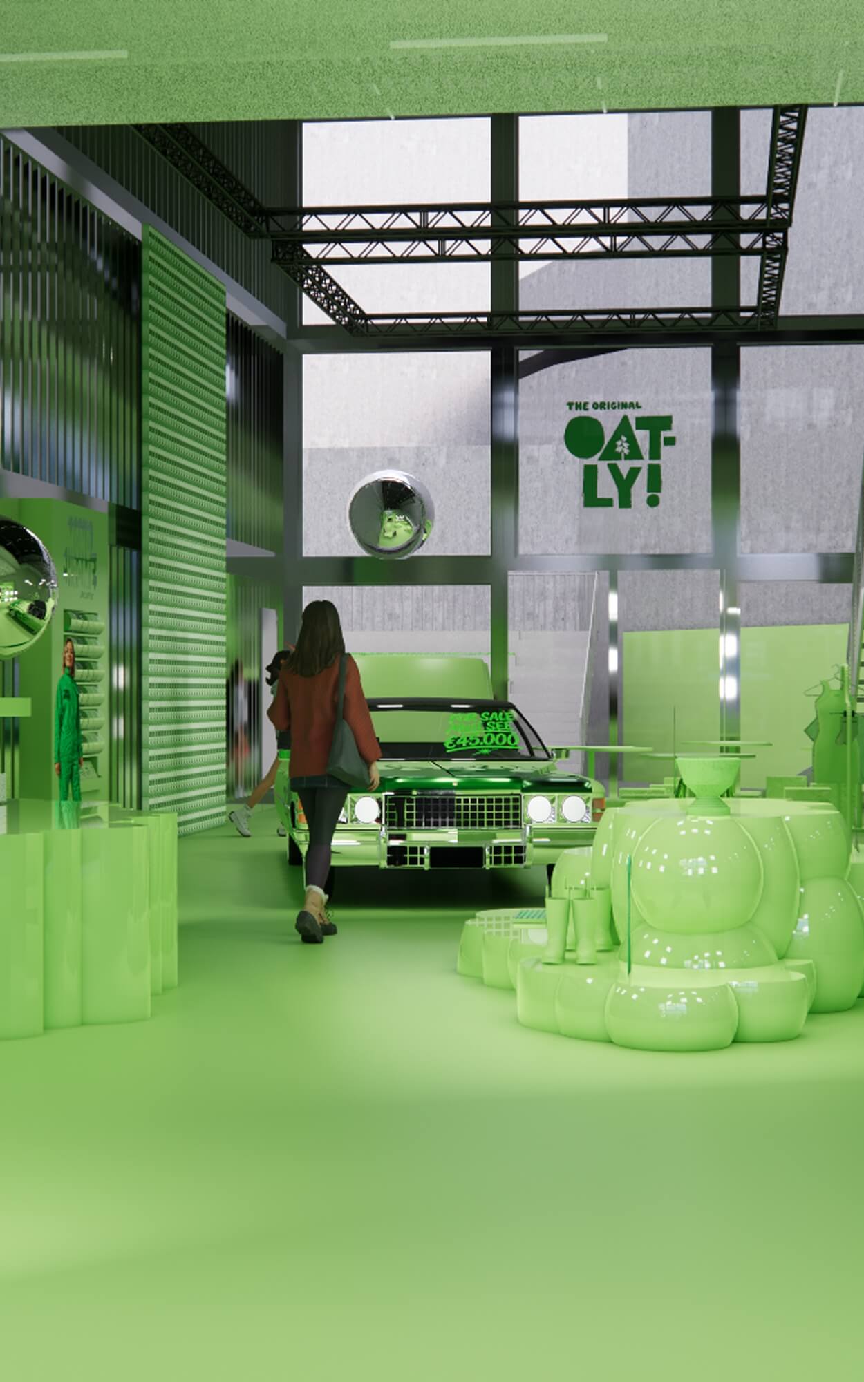 Oatly pop-up store customer – vintage Cadillac sale display, retail experience design