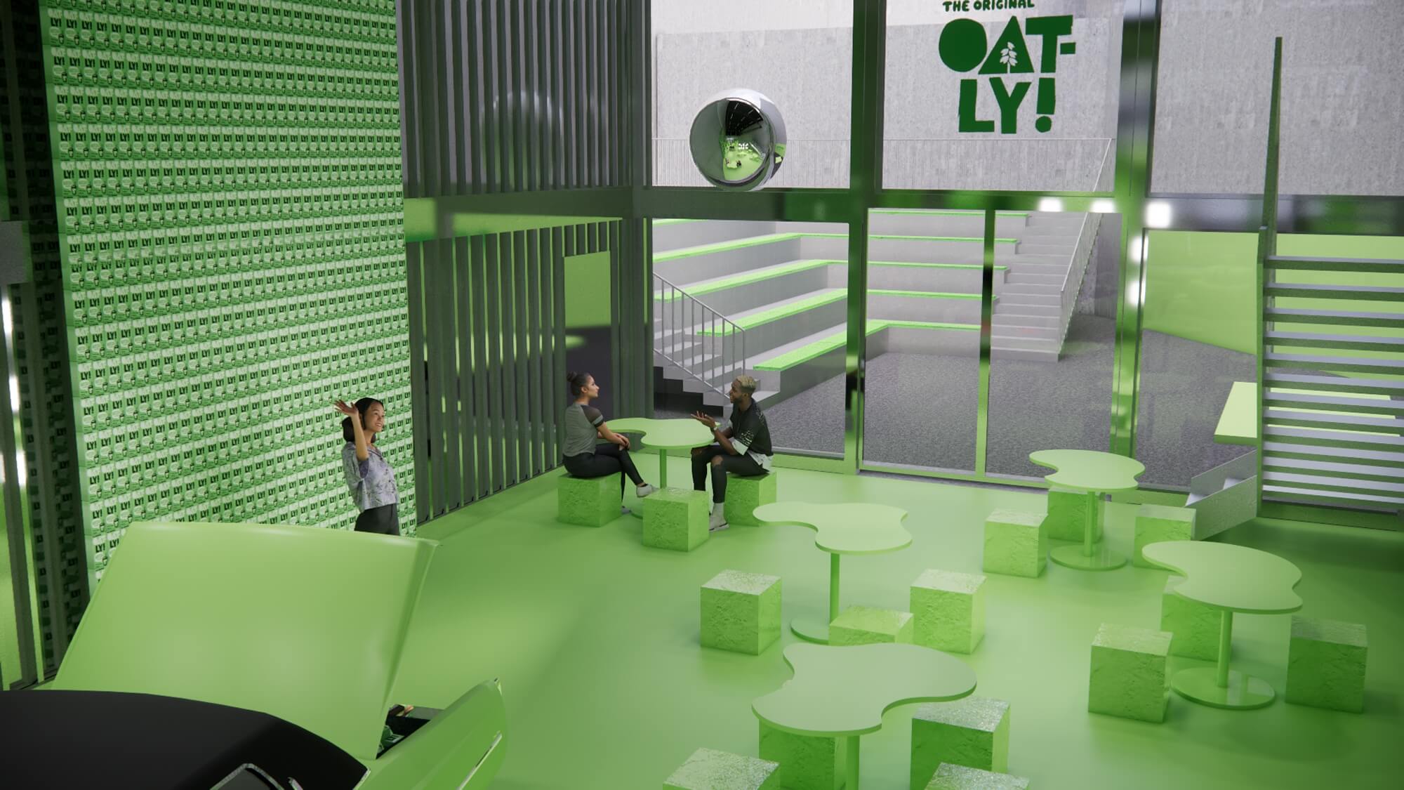 Oatly pop-up retail design – seating area with packaging-pattern wall, Berlin store concept