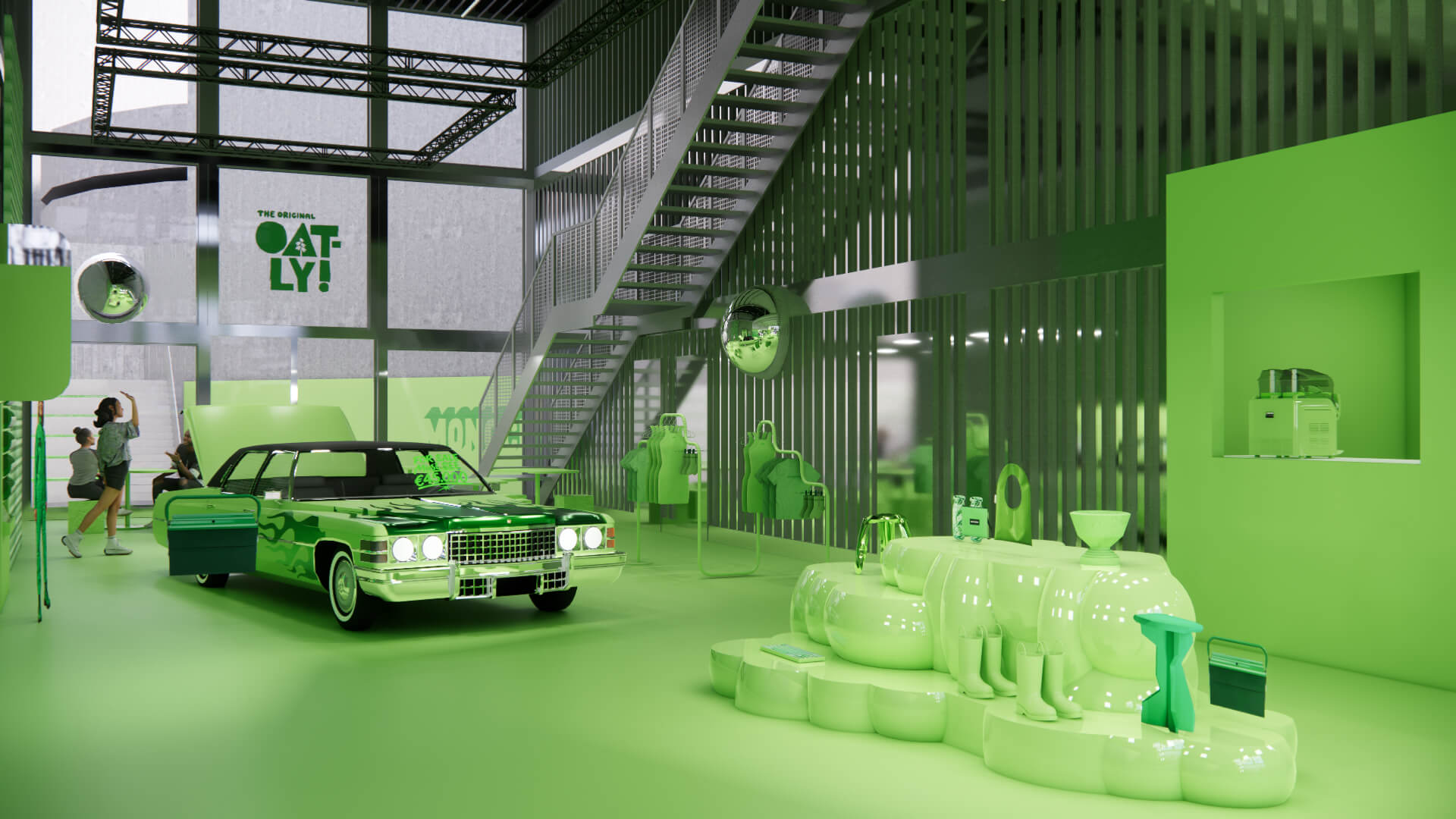 3D rendering of the Oatly Monochrome store concept – retail design featuring vintage car and product display