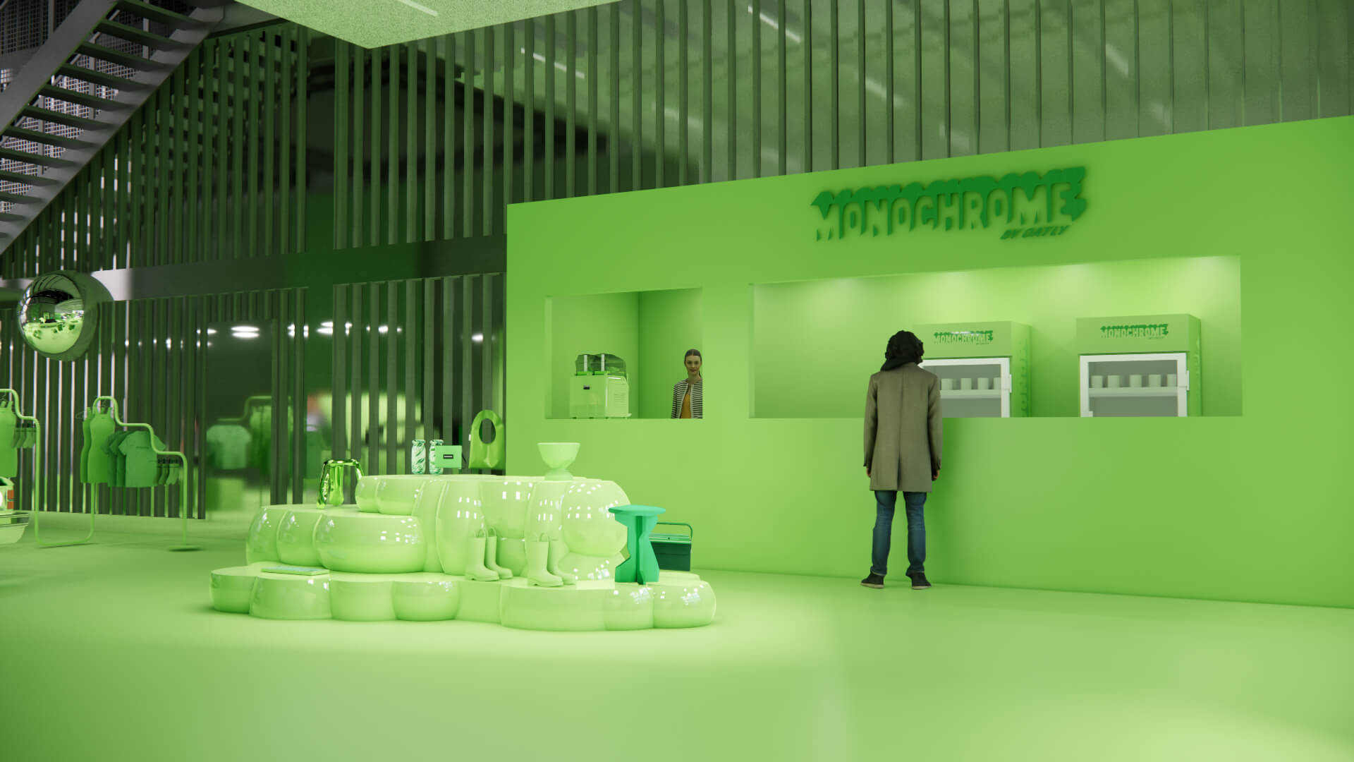 3D rendering of the Monochrome by Oatly sales counter – corporate design and pop-up build-out concept