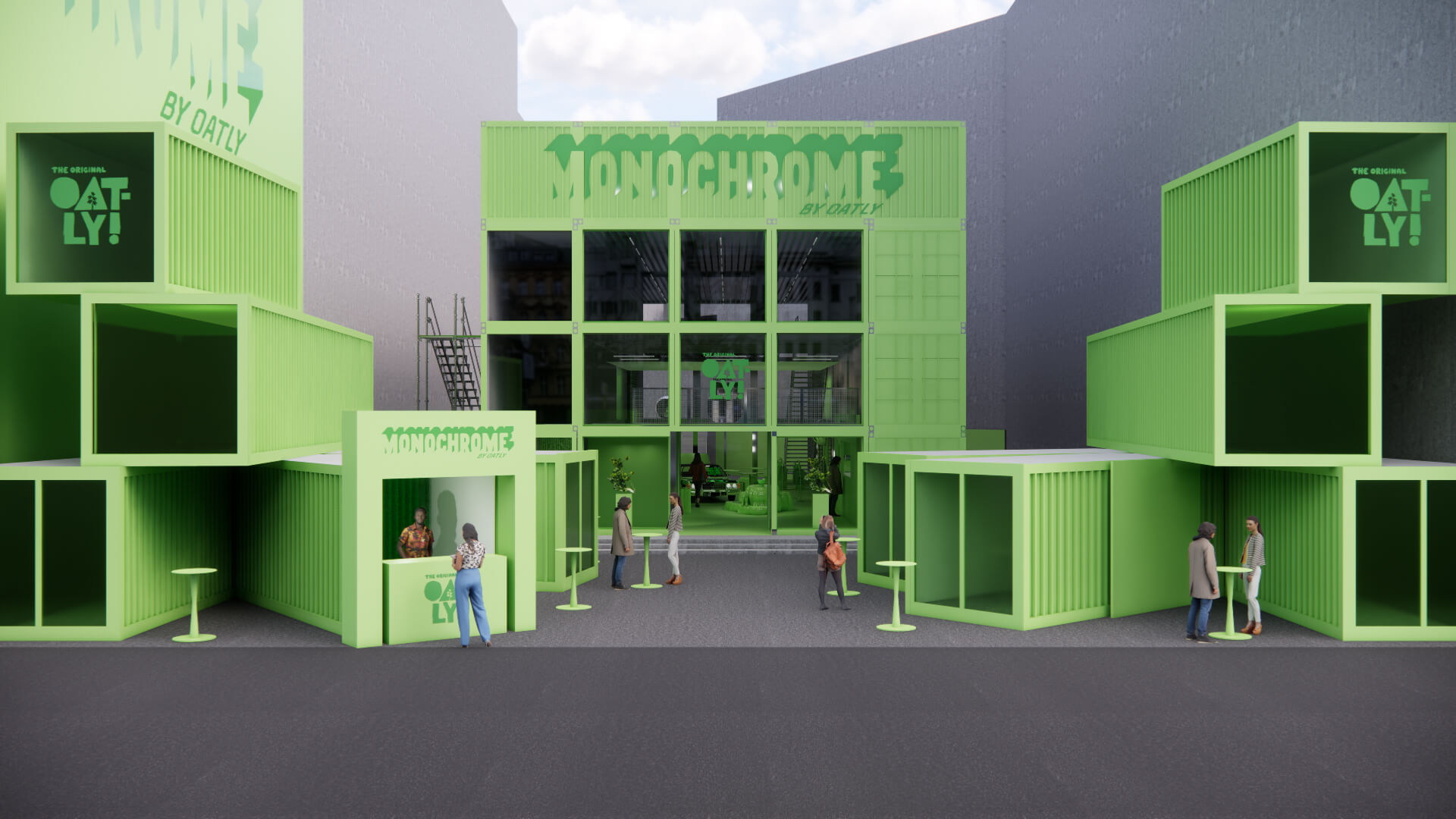 Container architecture of the Oatly Monochrome pop-up store – event concept by a creative agency
