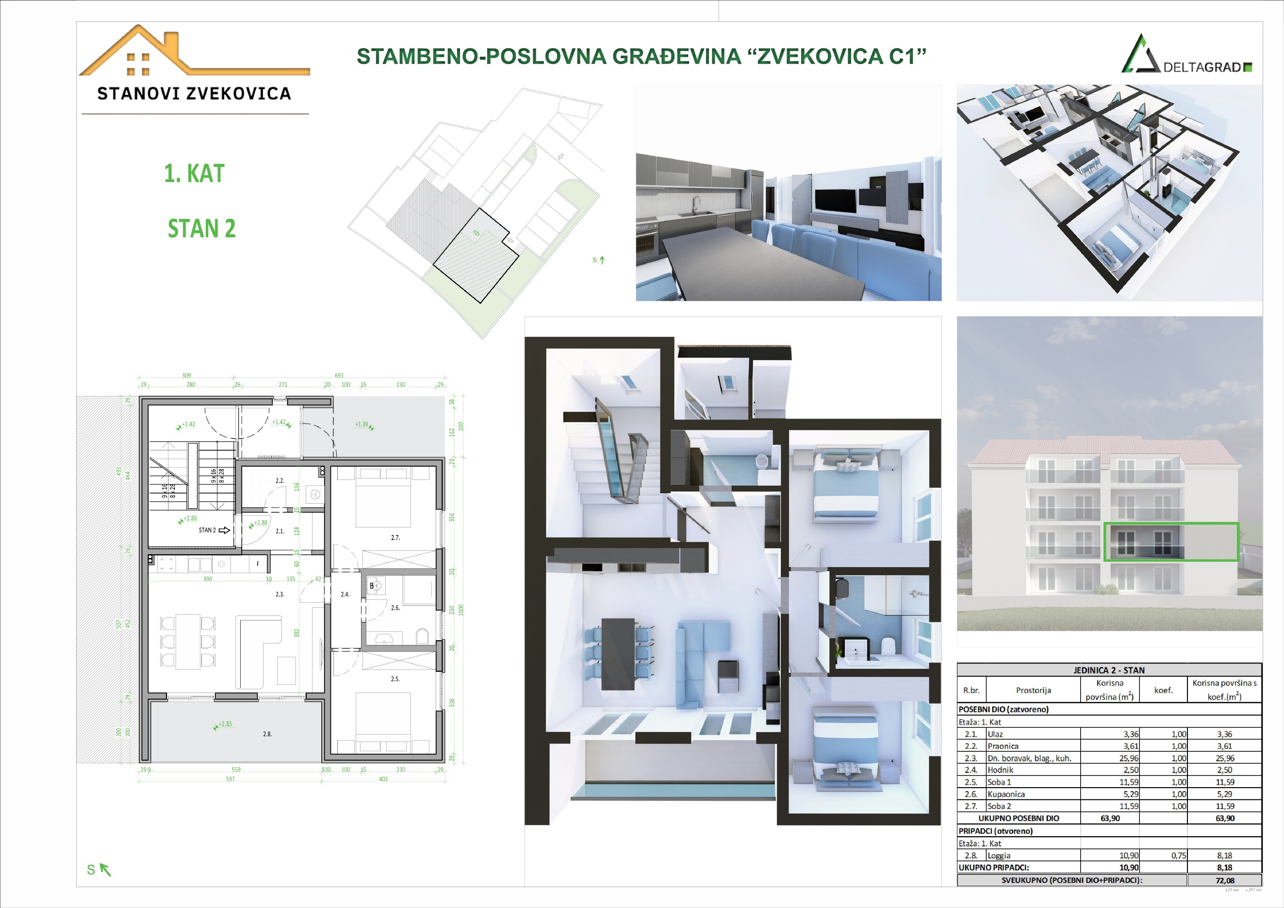 Tlocrt stana površine 64 m² s loggiom od 11 m²