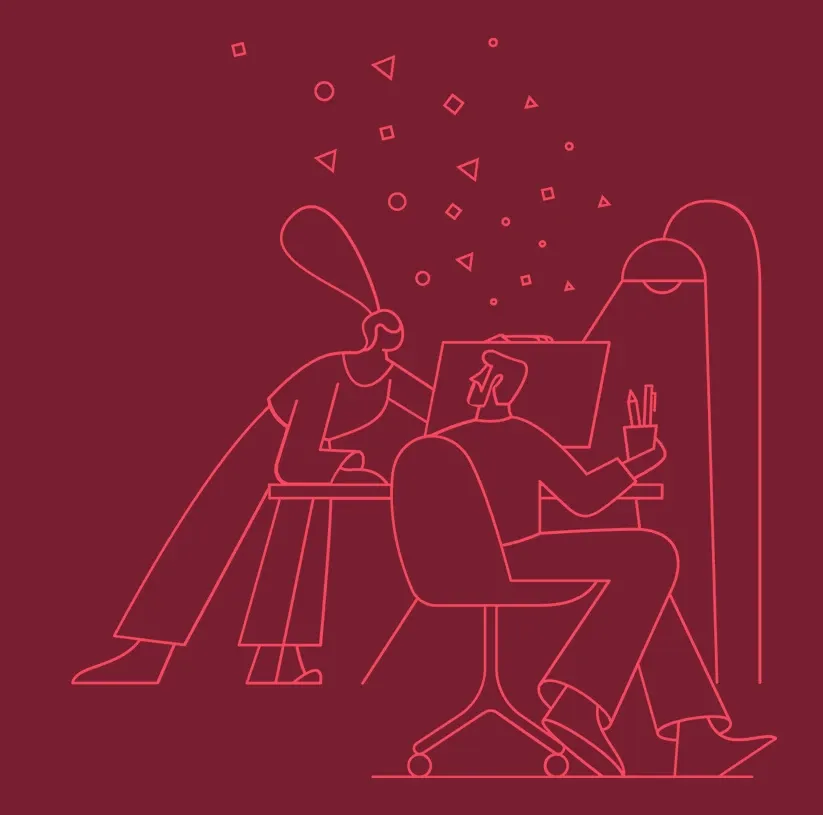 Line art of two people collaborating at a desk with a computer and desk lamp, surrounded by floating geometric shapes.
