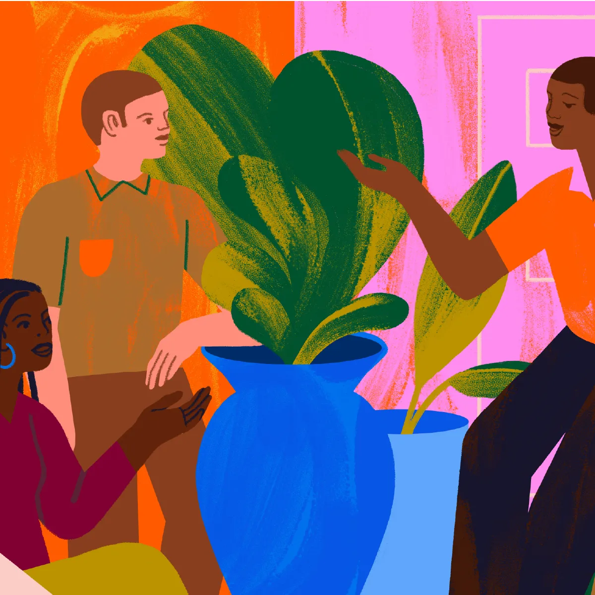 Illustration of three people conversing near large potted plants with bright orange and pink background.