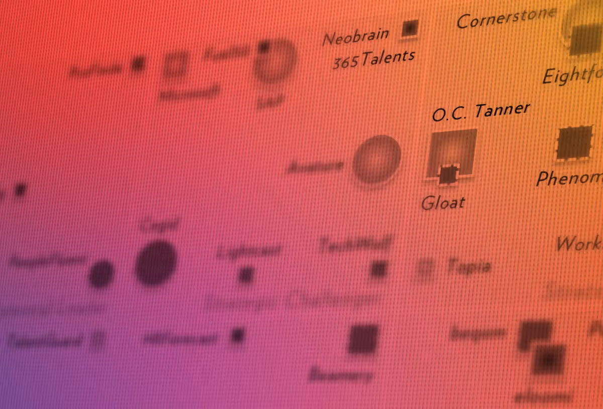 Blurred and pixelated chart or infographic with scattered text labels on a gradient background transitioning from purple to orange.